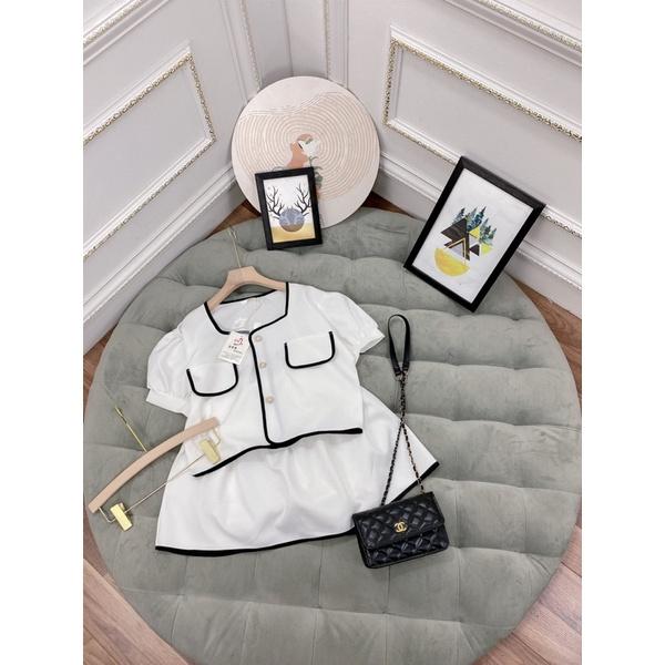 Set áo croptop tay phồng mix váy ngắn