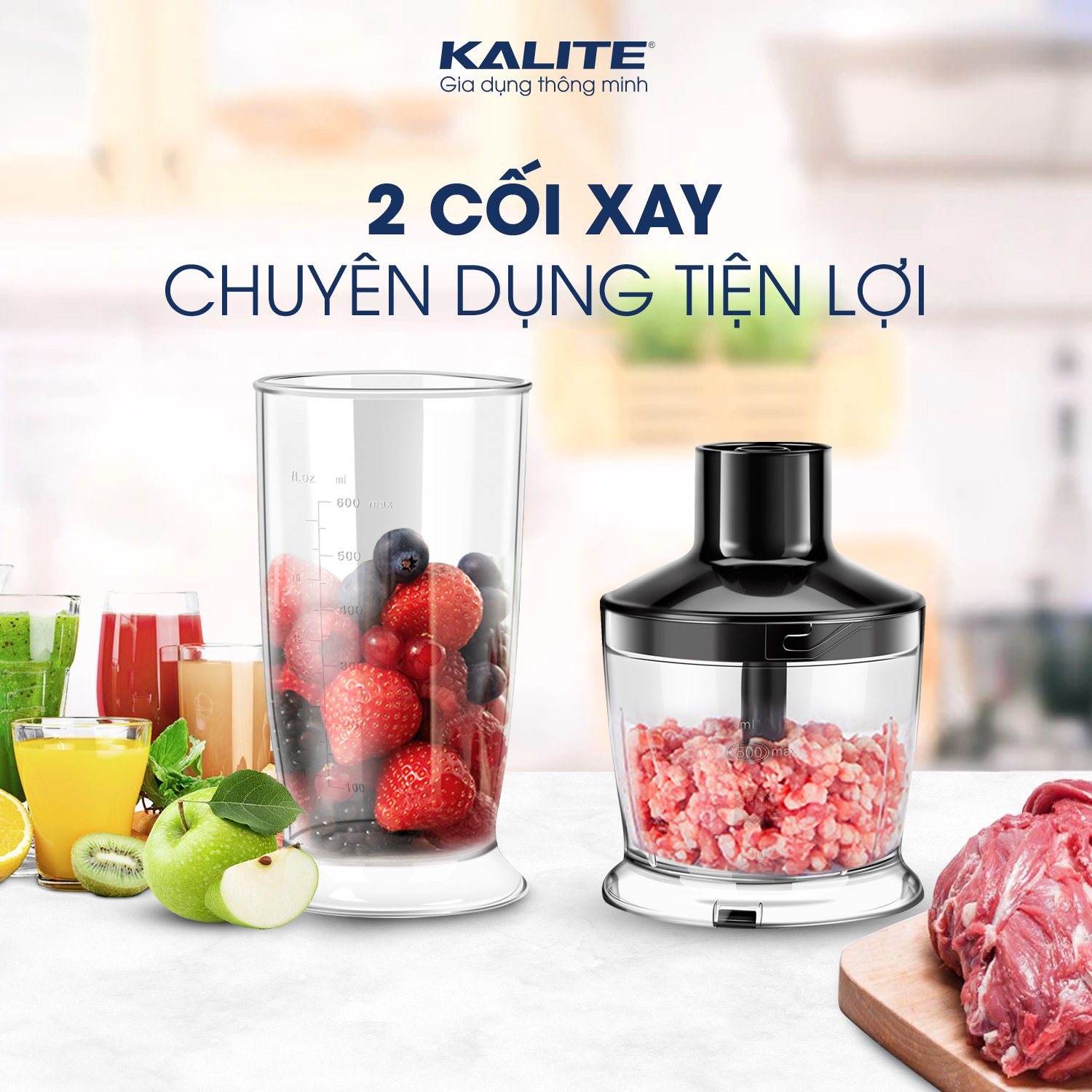 Máy xay cầm tay Kalite KEB4112 đa năng, công suất 600W, bộ sản phẩm gồm có 1 cối xay đa năng, 1 cối xay thịt, 1 cây đánh trứng và 1 cây đánh cà phê, hàng chính hãng