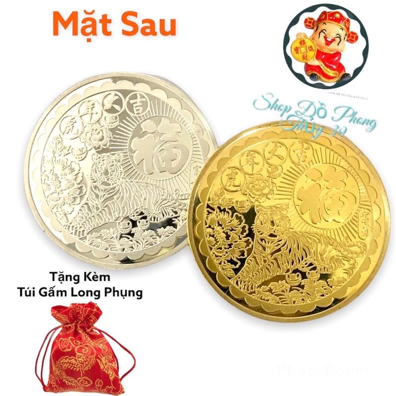 Cặp Xu Lưu Niệm Hình Con Cọp Chữ Phúc Mạ Vàng Bạc Tặng Kèm Túi Gấm Theo Từng Cặp