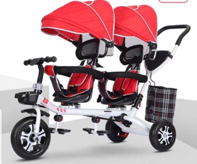 Xe đẩy đôi cho bé bánh cao su, ghế xoay 360 độ