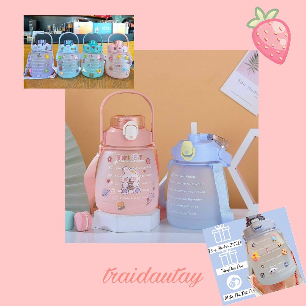 BÌNH NƯỚC 1L3 MÀU MỜ NHÁM CÓ HÌNH STICKER TỰ DÁN VÀ DÂY ĐEO