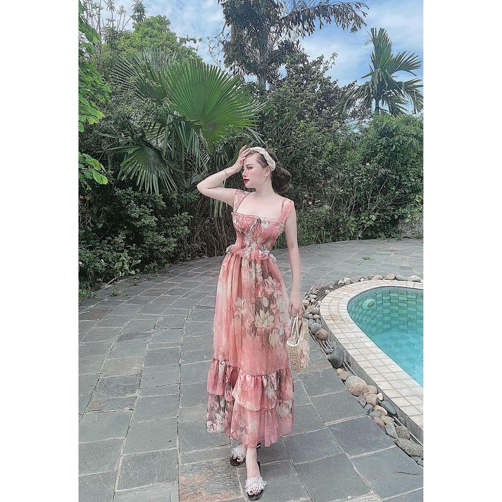 Đầm Maxi 2 Dây Bèo Nhún Ngực Bo Eo Đuôi Tầng Họa Tiết Hoa - Vải Chiffon - 2 Màu Hồng, Cam - Dành Cho Nàng Đi Dạo