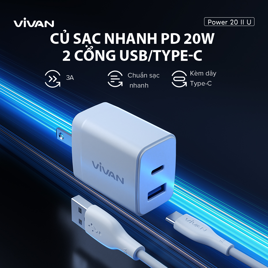 Củ Sạc Nhanh VIVAN Power 20 II U Công Suất 20W 2 Cổng Sạc USB/ Type-C Có Dây Type-C - Hàng chính hãng