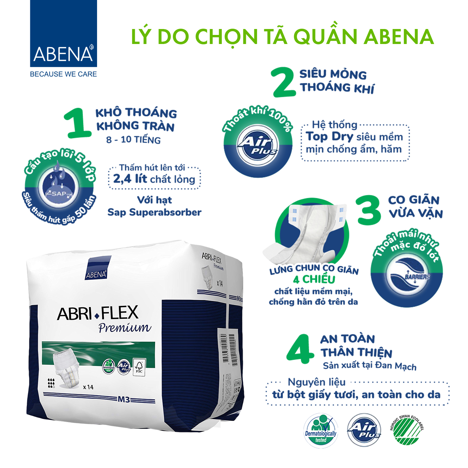 [Thấm hút 2.4 lít] Tã quần người lớn Abena Abri Flex M3 (14 miếng) - Nhập khẩu từ Đan Mạch