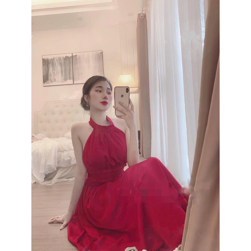 Đầm Maxi Hở Lưng - Váy Xoè Cổ Yếm Thắt Nơ Dáng Xòe Cách Điệu Nữ Tính, Chất Liệu Lụa Xướt Hợp Đi Biển