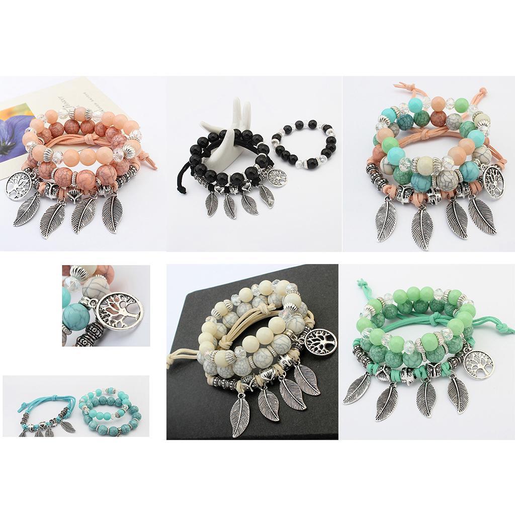 Glass Bracelet Multilayer Leaf Bangle Beads Vintage Design Chain Pink