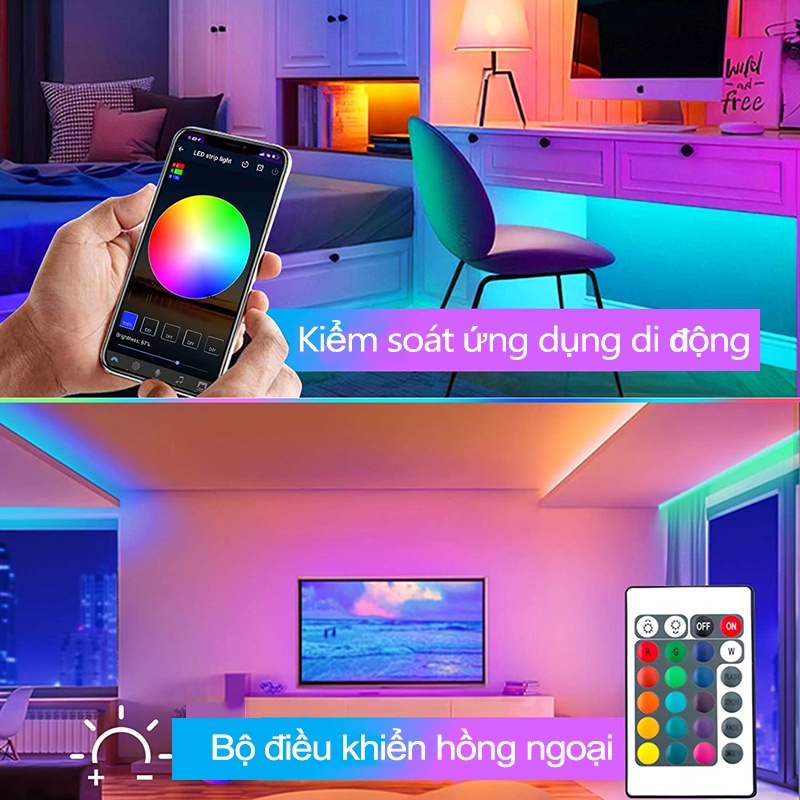 Đèn led trang trí phòng ngủ đèn nháy 16 triệu màu đèn dây led 5050 RGB có remote điều khiển