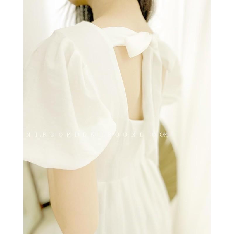 Breezy jumpsuit trắng cổ chéo nơ lưng
