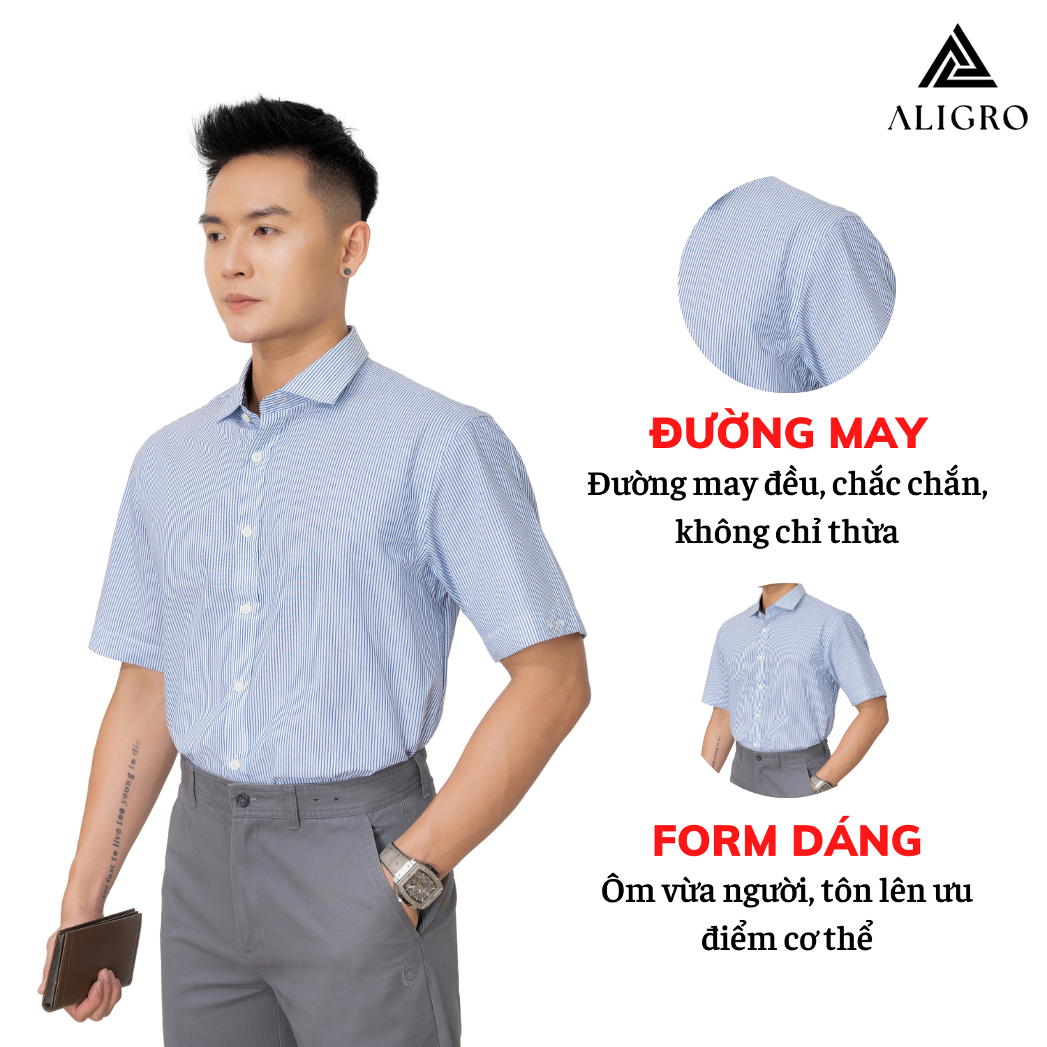 Áo sơ mi cộc tay nam công sở Aligro kẻ xanh ALGS-C82