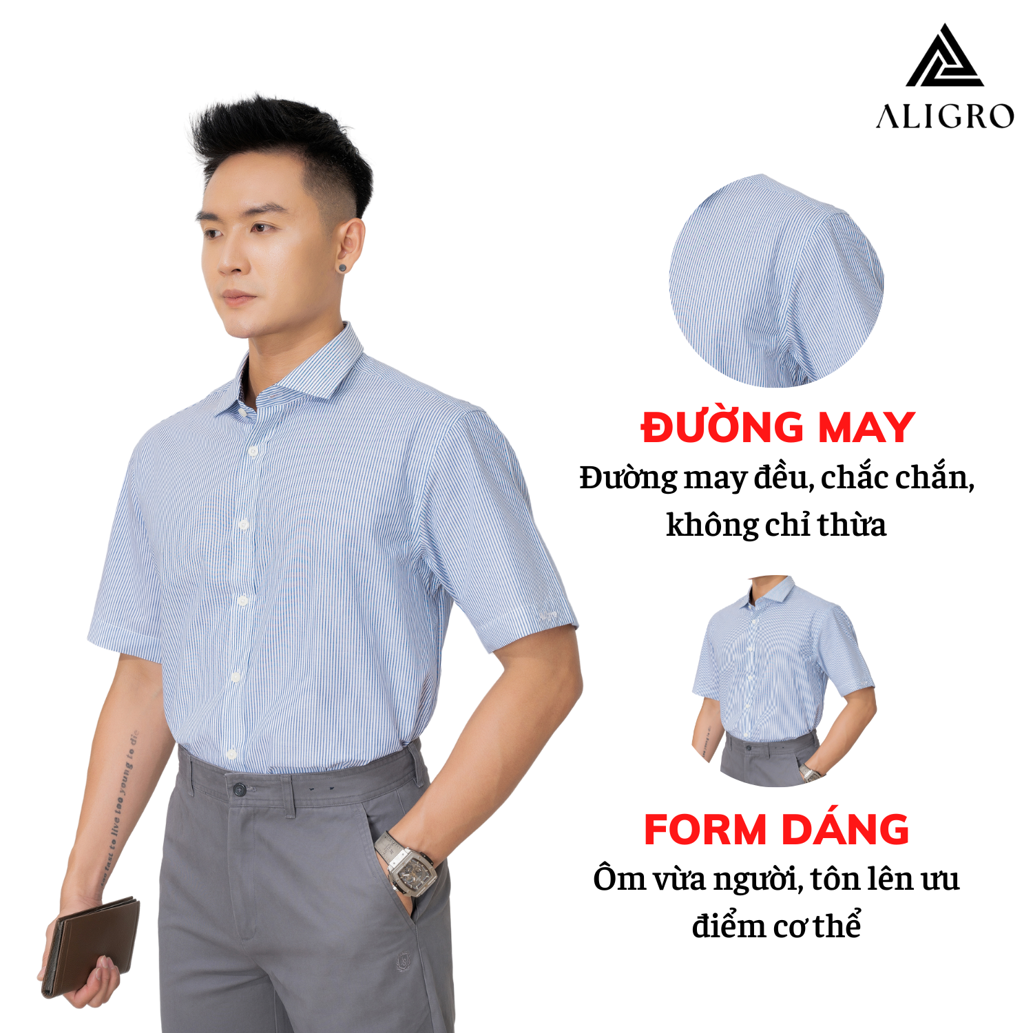 Áo sơ mi cộc tay nam công sở Aligro kẻ xanh ALGS-C82 ( SIZE M)