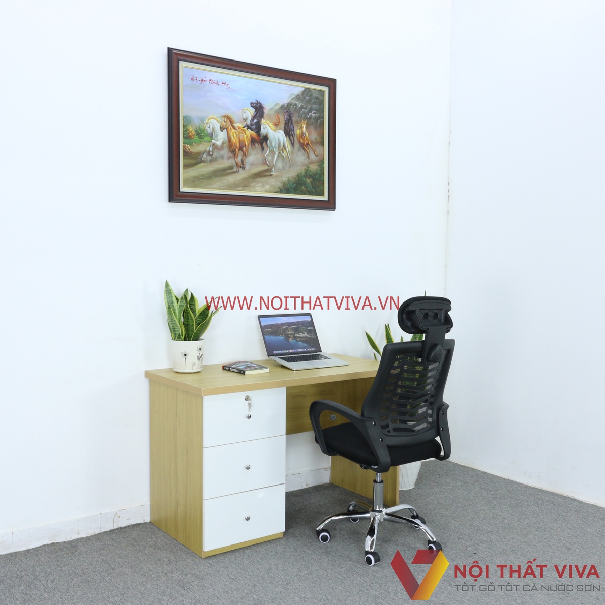 Bàn Làm Việc Gỗ MDF Melamine Màu Vàng Phối Hộc Kéo Trắng Đẹp Giá Rẻ