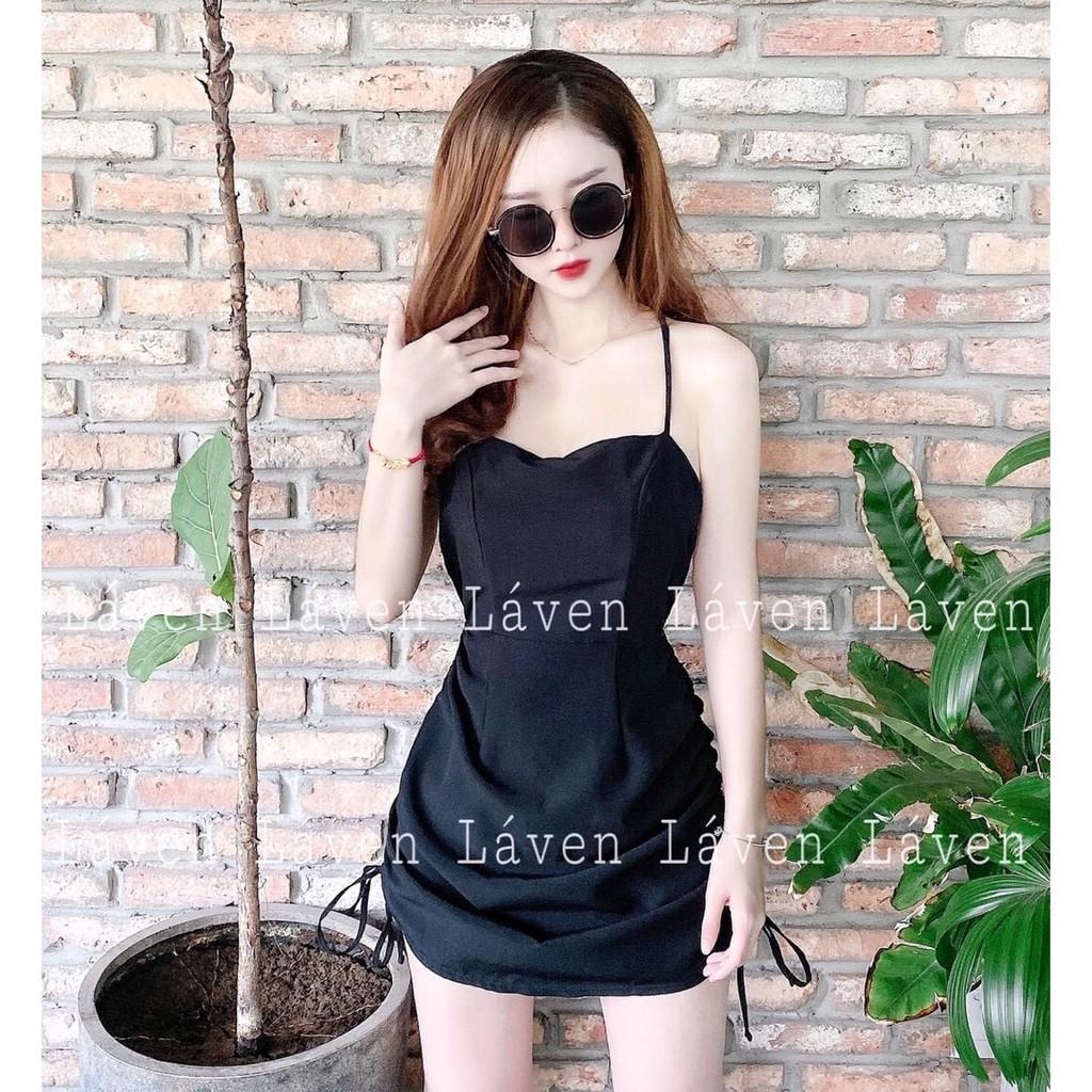 Đầm body rút dây cổ yếm đan dây lưng kèm mút