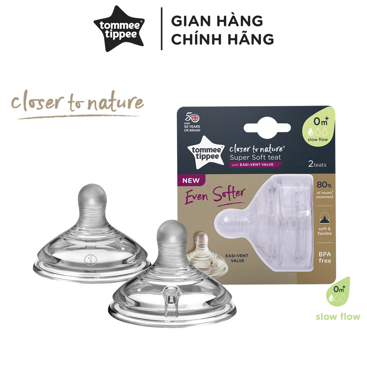 Núm Ty Silicon Siêu Mềm Tự Nhiên Cho Bé Tommee Tippee Natural Start Slow Flow 0-3 Tháng (Vỉ đôi)