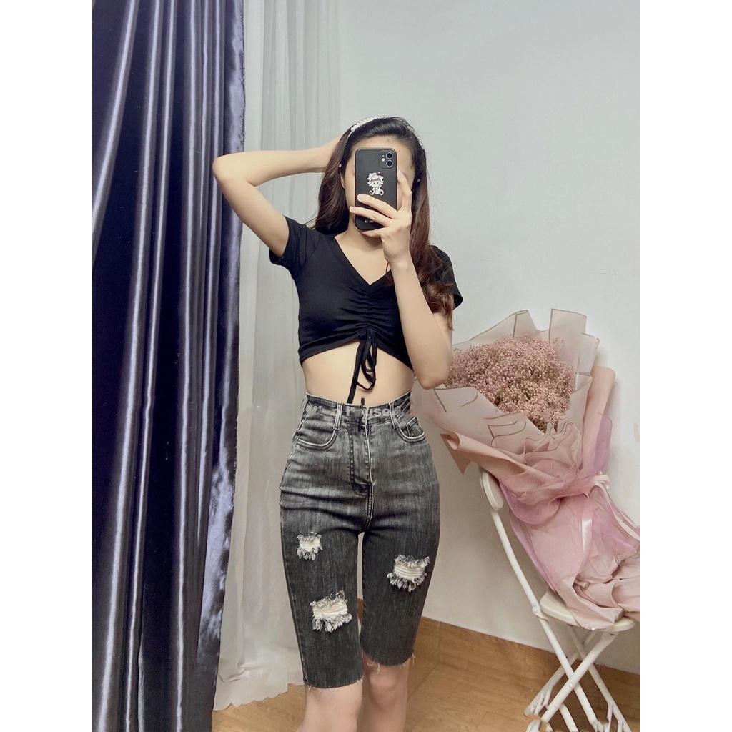 Quần jean ngố ôm co giãn lưng cao - quần ngố nữ