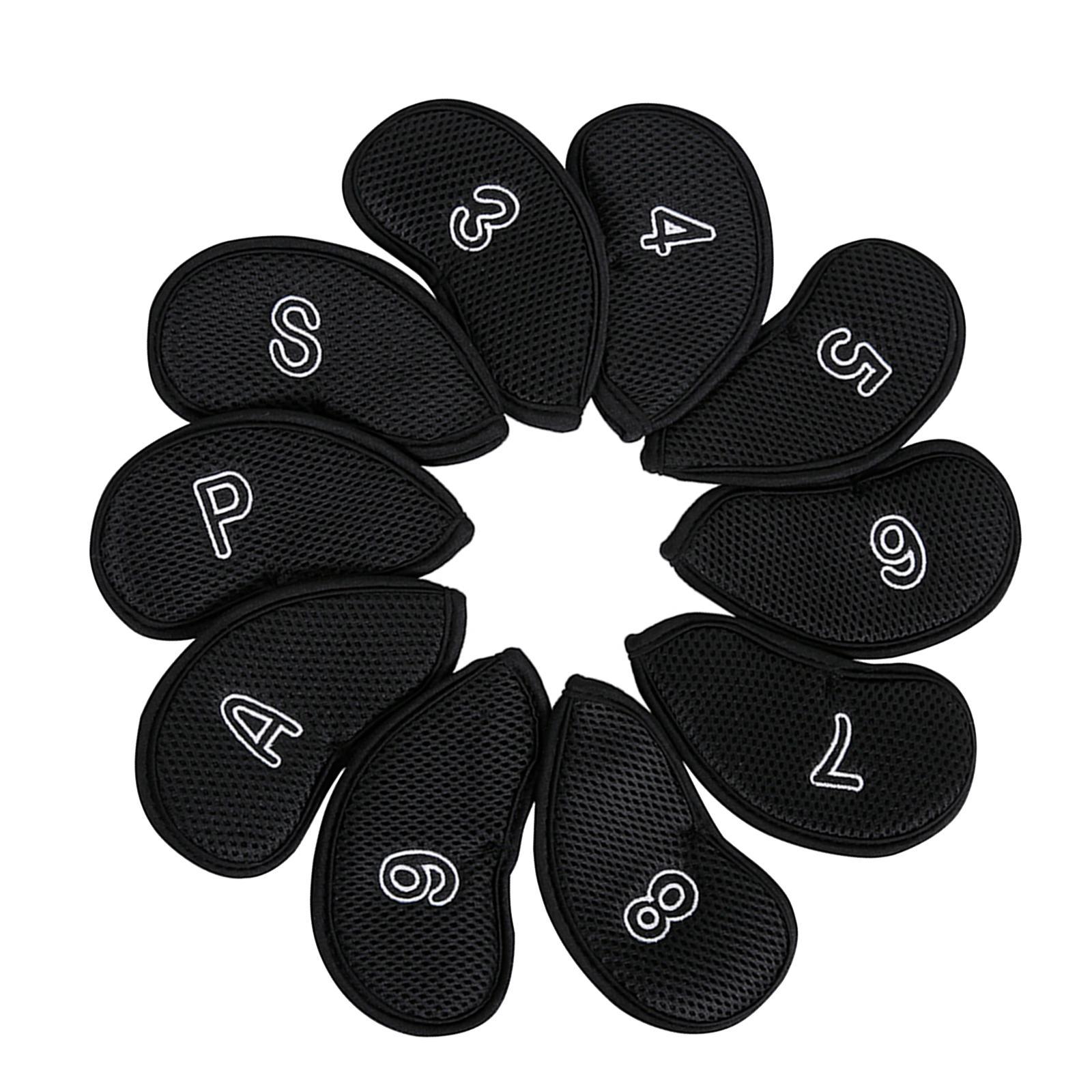 10Pcs/Pack Meshy Golf Iron Head Covers Fit Most Irons Embroidered Black