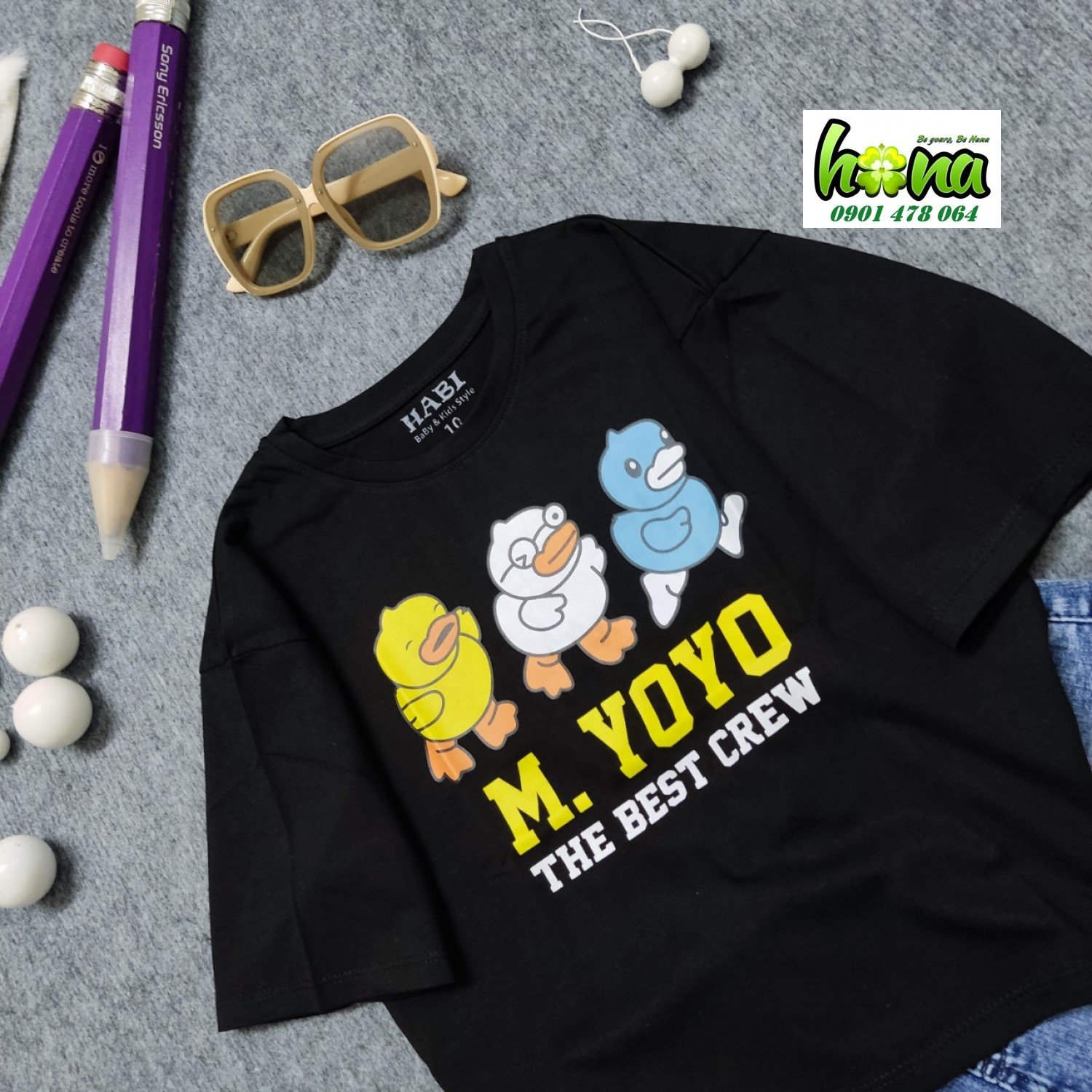 G1115 Áo Thun Đen Croptop Tay Ngắn In Hình 3 Con Vịt Cực Xinh Cho Bé Gái, Thun cotton mịn mát