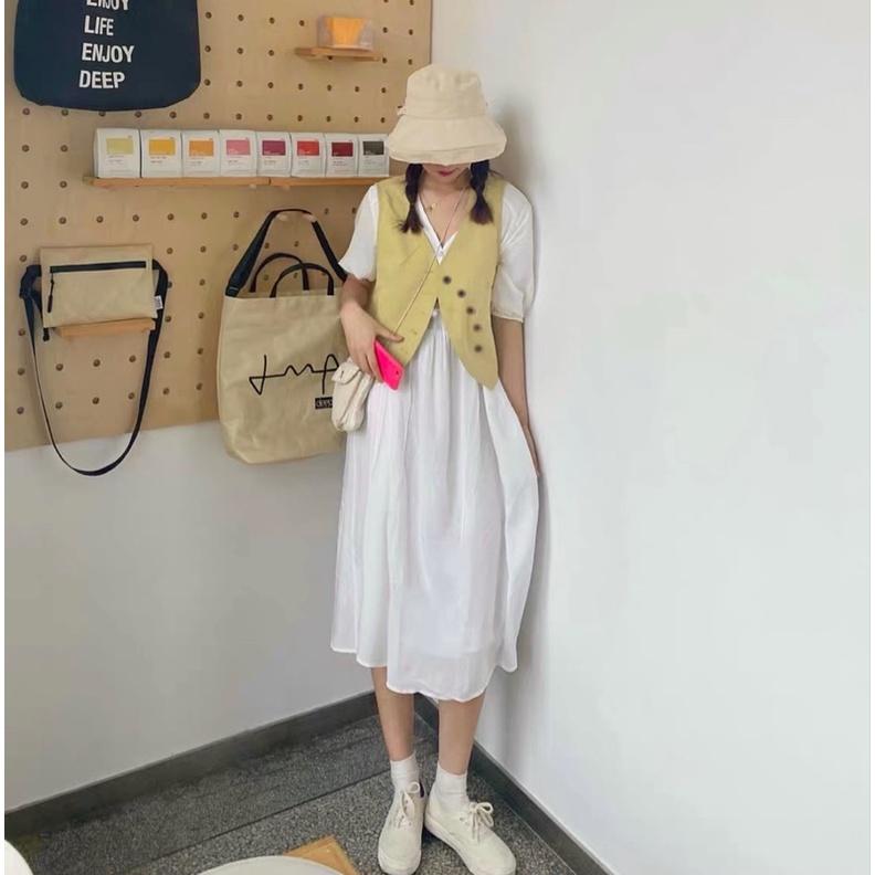 Set đầm midi trắng-gile vàng