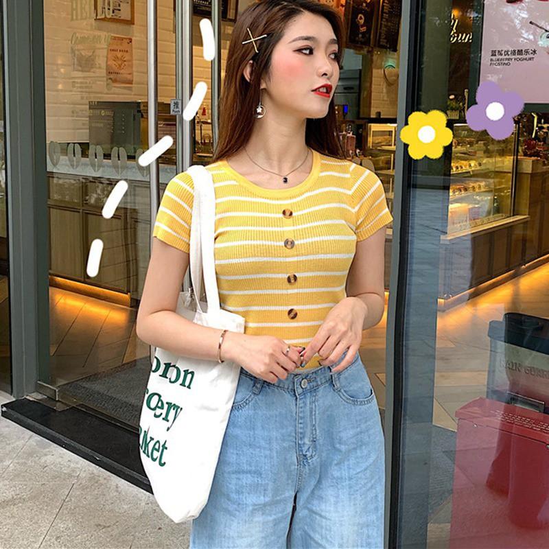 Áo thun tay ngắn dáng ôm họa tiết sọc màu thời trang cho nữ