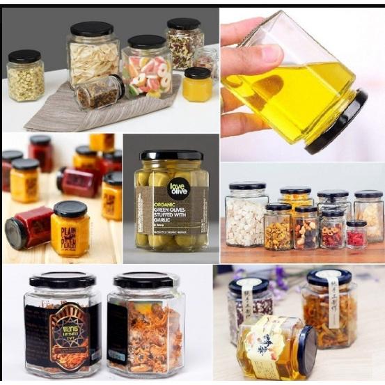 Hũ thủy tinh lục giác 180ml nắp thiếc đen vặn – hủ thuỷ tinh đựng mật ong, yến chưng, dầu dừa, sữa chua, thực phẩm