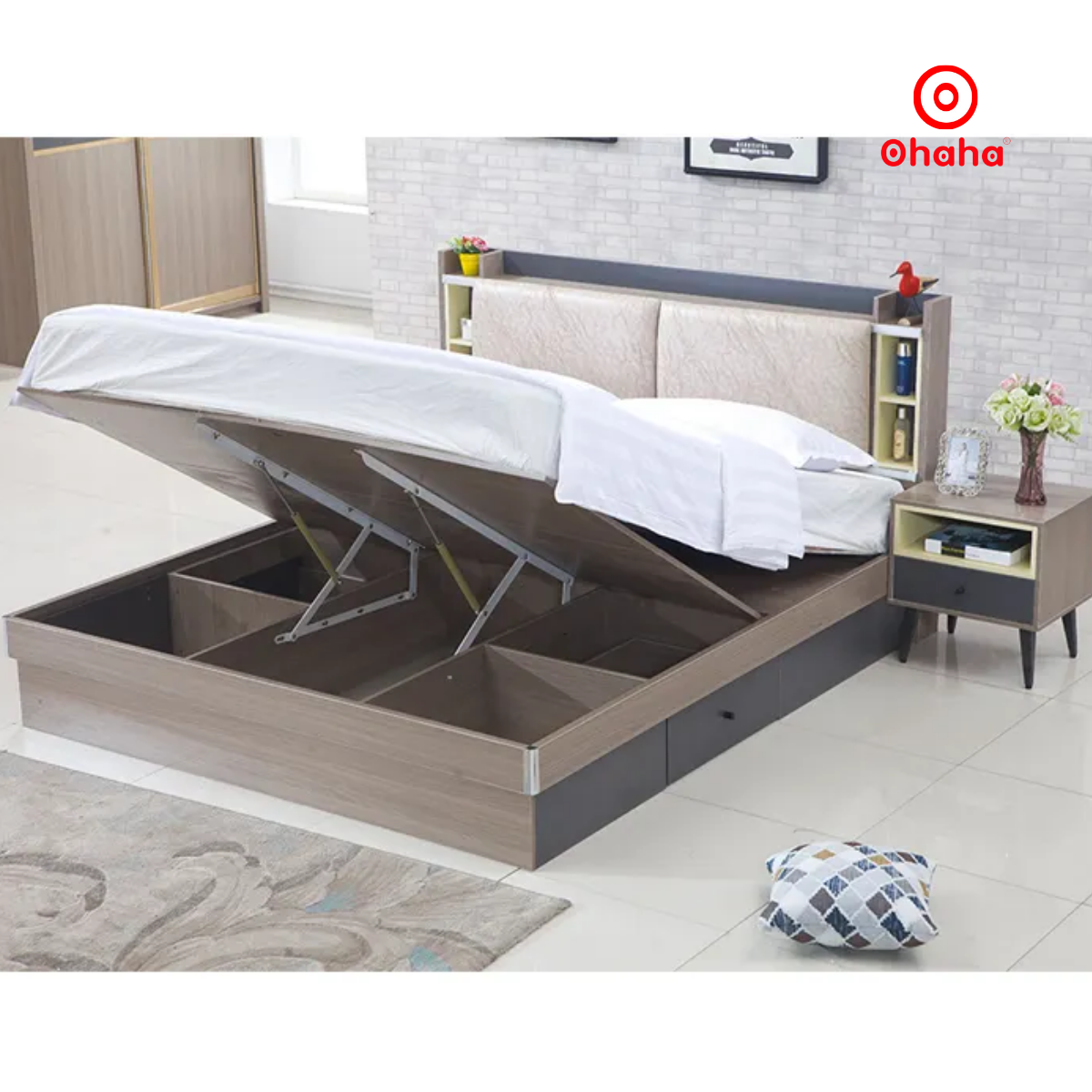 Hình ảnh [Miễn phí vận chuyển & lắp đặt] Giường ngủ thông minh cao cấp bọc nệm đầu giường gỗ công nghiệp Ohaha - GN011