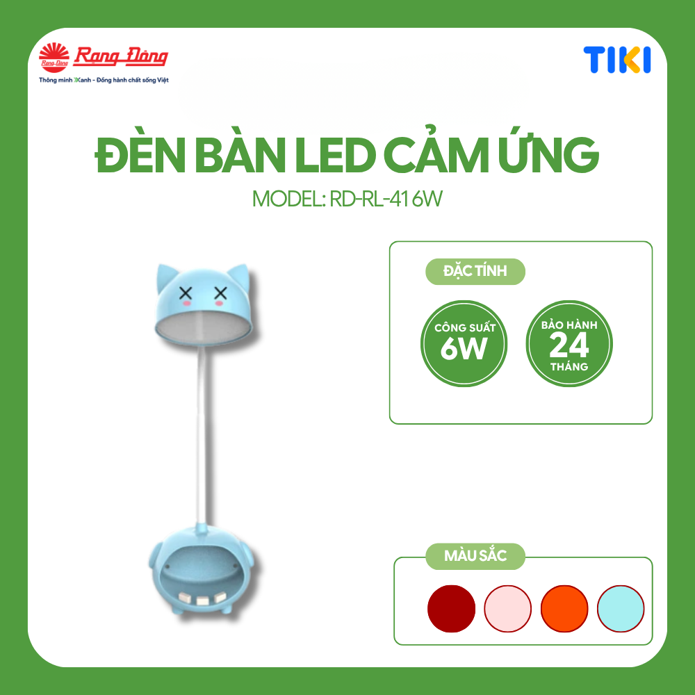 Đèn bàn cảm ứng Rạng Đông thế hệ mới, công tắc cảm ứng được bố trí ở 2 bên tai của thân đèn, màu sắc phong phú, hình con vật ngộ nghĩnh đáng yêu – Màu Xanh Dương