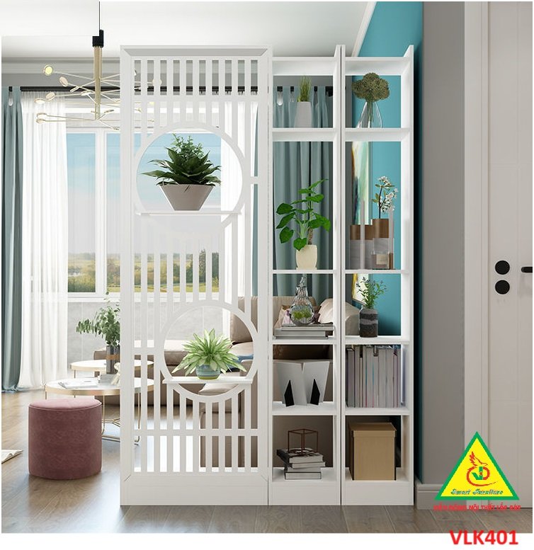 Vách ngăn liền kệ, vách ngăn phòng khách nhà bếp gỗ MDF VLK401