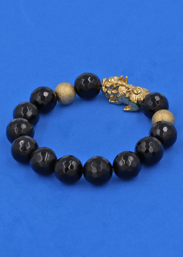 Vòng tay Thạch Anh Đen Cắt Giác 12 ly - cẩn Tỳ Hưu Phong Thủy inox vàng VTAEGTHHBV12 - hợp mệnh Mộc, mệnh Thủy