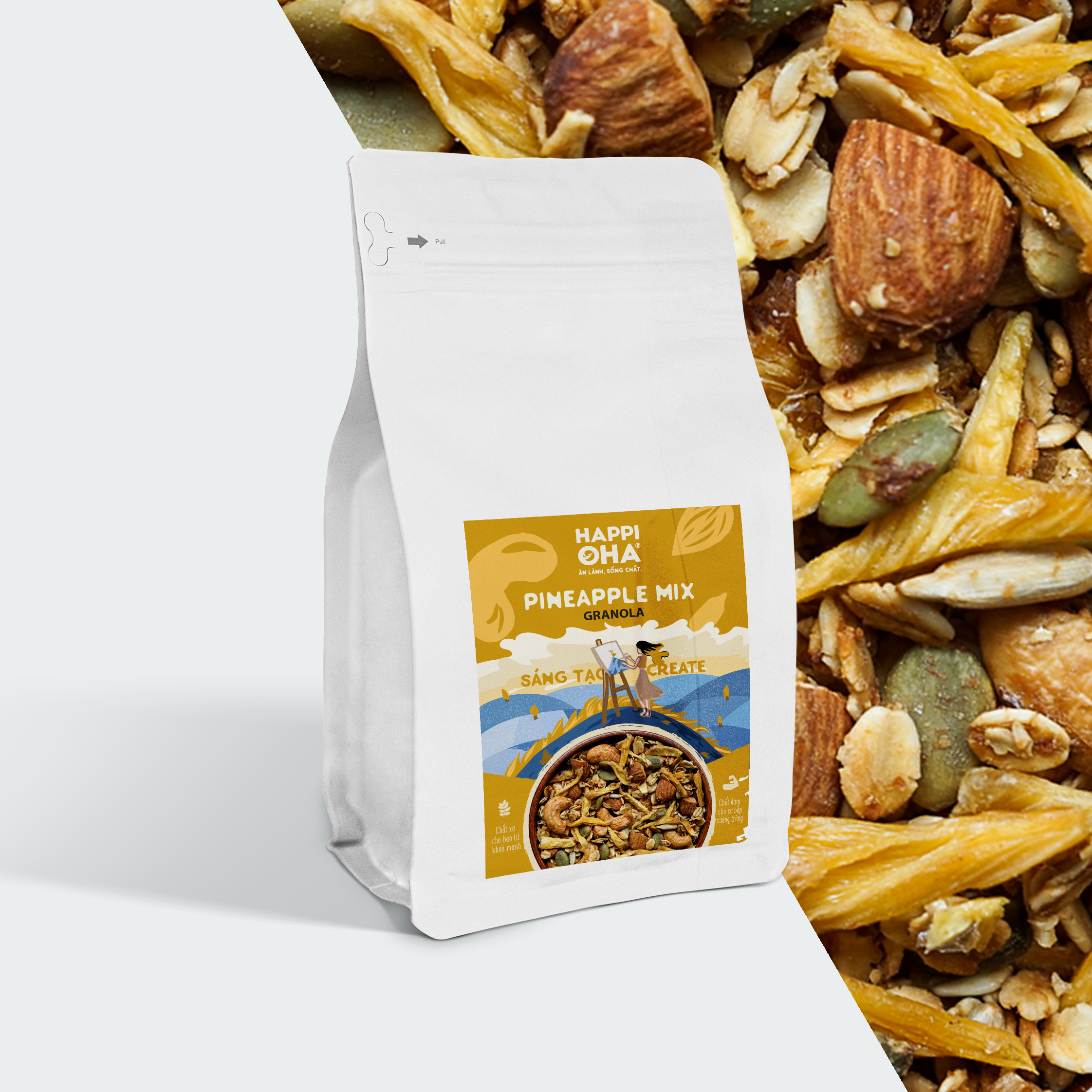 Granola Pineapple Mix HAPPI OHA - Ngũ Cốc Ăn Sáng/Ngũ Cốc Ăn Kiêng Không Đường Tinh Luyện Vị Dứa 240g/400g