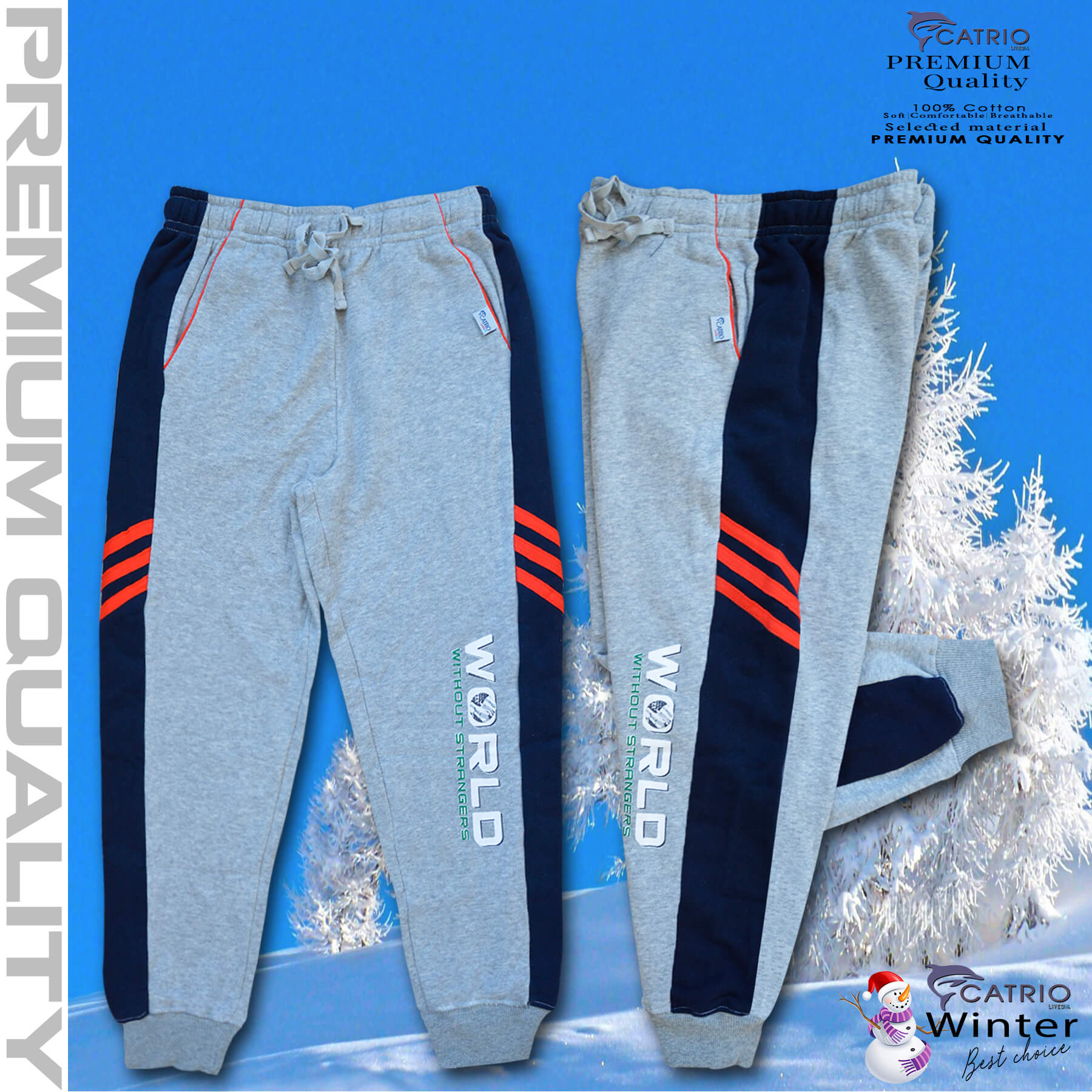 Quần thun dài bé trai vải 100% cotton PHỐI SƯỜN màu XÁM phối Navy in WORLD là quần nỉ trẻ em CATRIO từ 9 tuổi  đến 18 tuổi  phù hợp thời tiết se lạnh mùa thu đông với kiểu dáng thể thao tuyệt đẹp