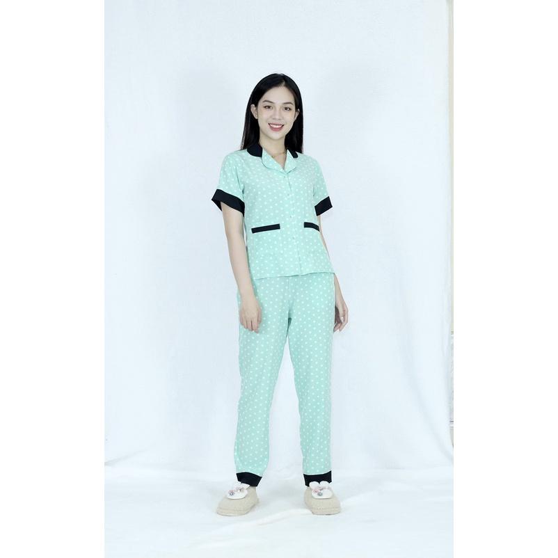 Bộ đồ bộ Pijama CHẤM BI XANH NGỌC PHA CỔ CỰC XINH vải siêu lụa