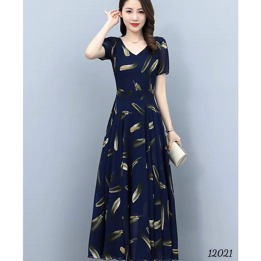 Đầm váy nữ trung niên voan mây dự tiệc dạo phố xanh đậm cao cấp