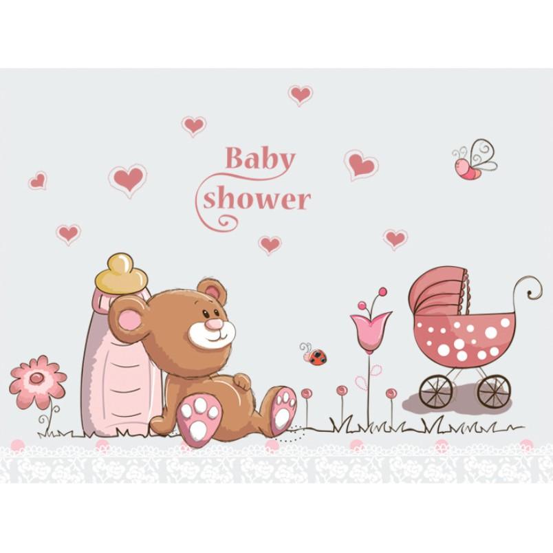 Decal trang trí tường - Gấu Teddy dù hồng cho bé