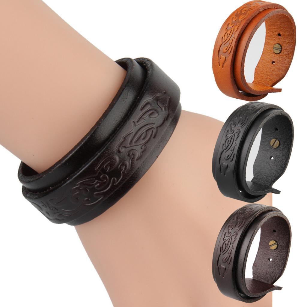 Handmade Double Layers Wide Mens Leather Cuff Bracelet Bangle Pattern