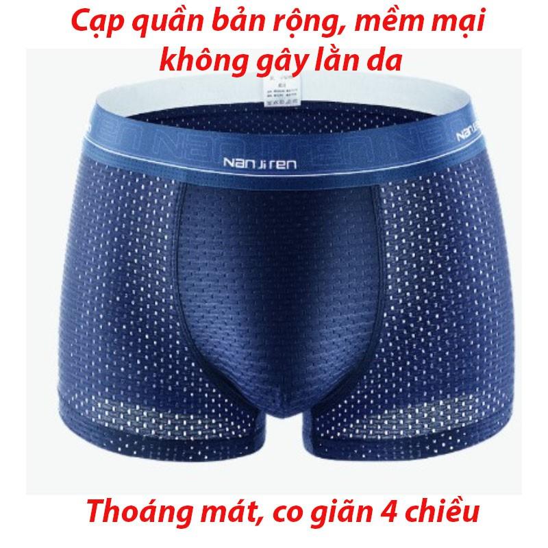 Hộp 4 Quần Sịp Đùi Nam Cao Cấp, Quần Lót Nam Thun Lạnh, Quần Lót Nam Boxer Vải Lụa Lưới Siêu Thoáng Mát, Co Giãn 4 Chiều, Không Bai Xù, Không Phai Màu, Kiểu Dáng Nam Tính, Mạnh Mẽ