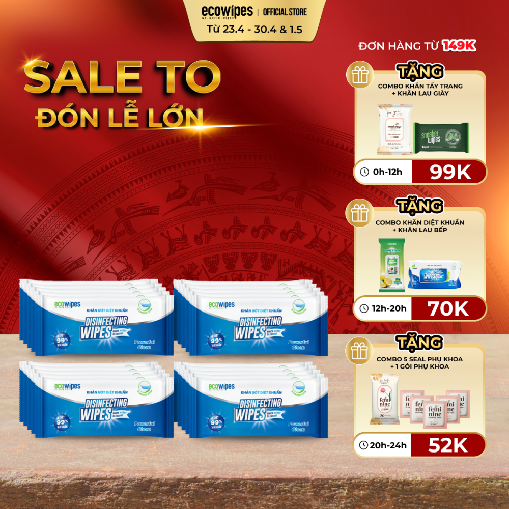 Combo 05 lốc 100 cái khăn giấy ướt diệt khuẩn Disinfecting Wipes loại 1 tờ dùng 1 lần diệt 99,9% vi khuẩn hương chanh