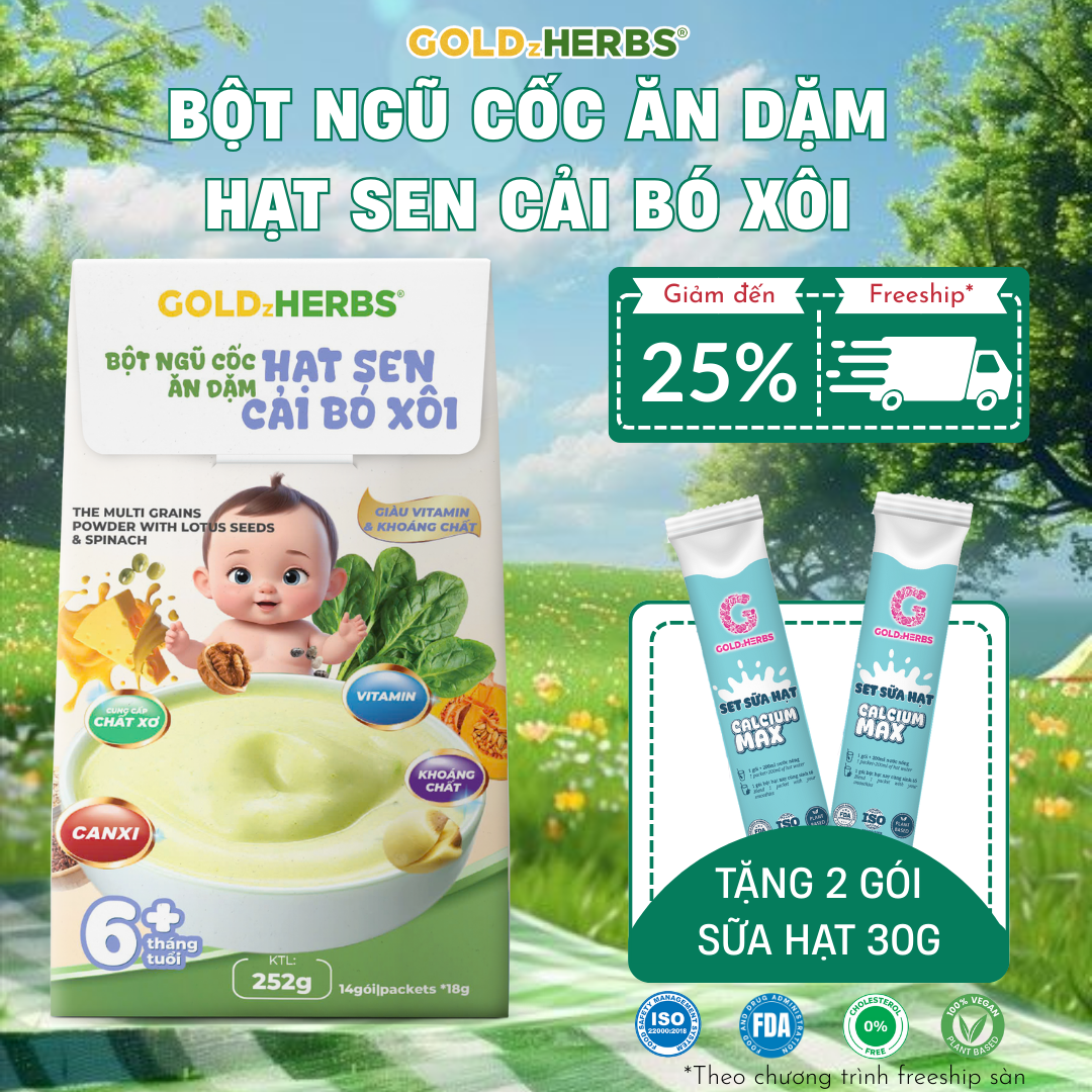 Bột ngũ cốc ăn dặm hạt sen cải bó xôi GoldzHerbs cho bé từ 6 tháng tuổi – 252g/ 500g