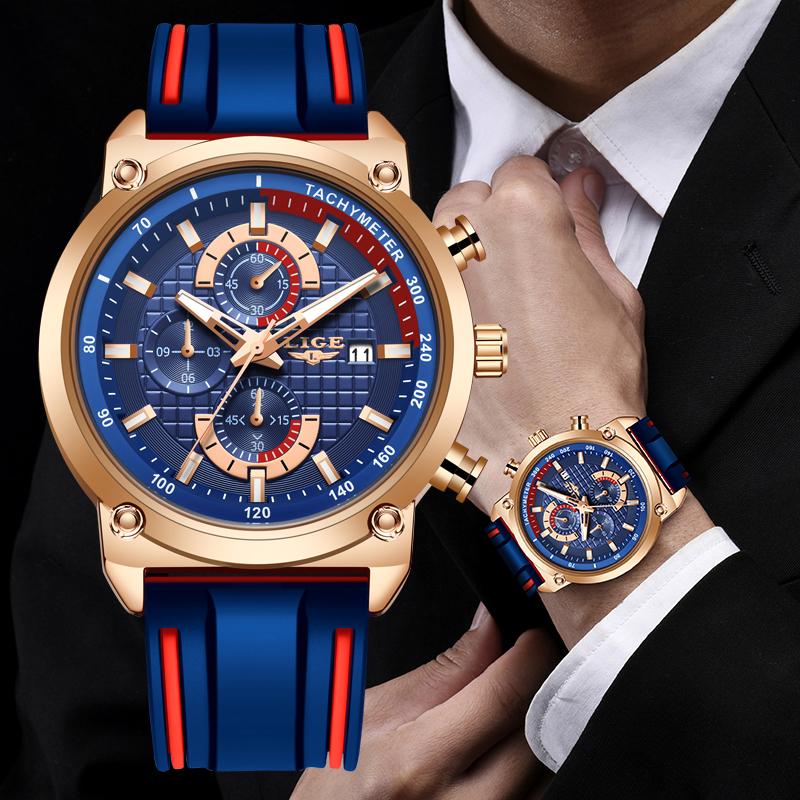 2023 LIGE MEN MENS WATCH TOP Top Brand Dial Dial Đồng hồ nam thời trang silicone không thấm nước thạch anh vàng đồng hồ đeo tay thể thao đồng hồ bấm giờ