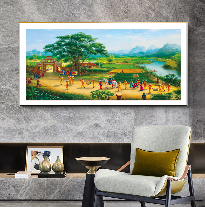 Tranh Sơn dầu Phong cảnh Làng quê Việt Nam nghệ thuật. , Khung hợp nhôm chống ẩm, bền, đẹp, nhiều kích thước. Phù hợp nhiều không gian sang trọng.
