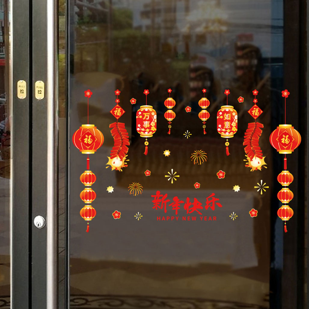 Decal dán kính trang trí Tết- Dây đèn lồng chào xuân- mã sp AMJ922