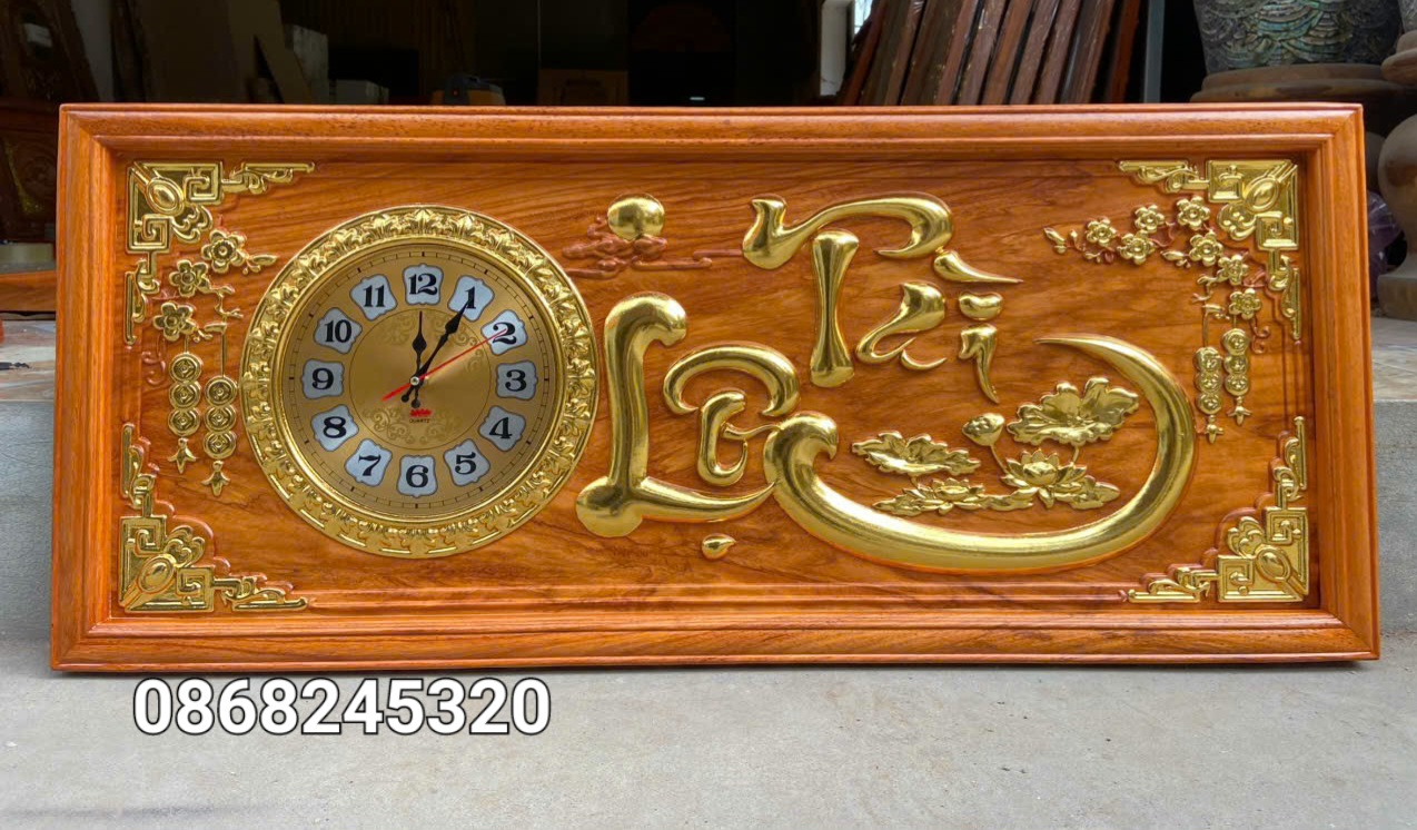 Tranh Đồng hồ khắc chữ tài lộc bằng gỗ gõ kt 41×97×4cm
