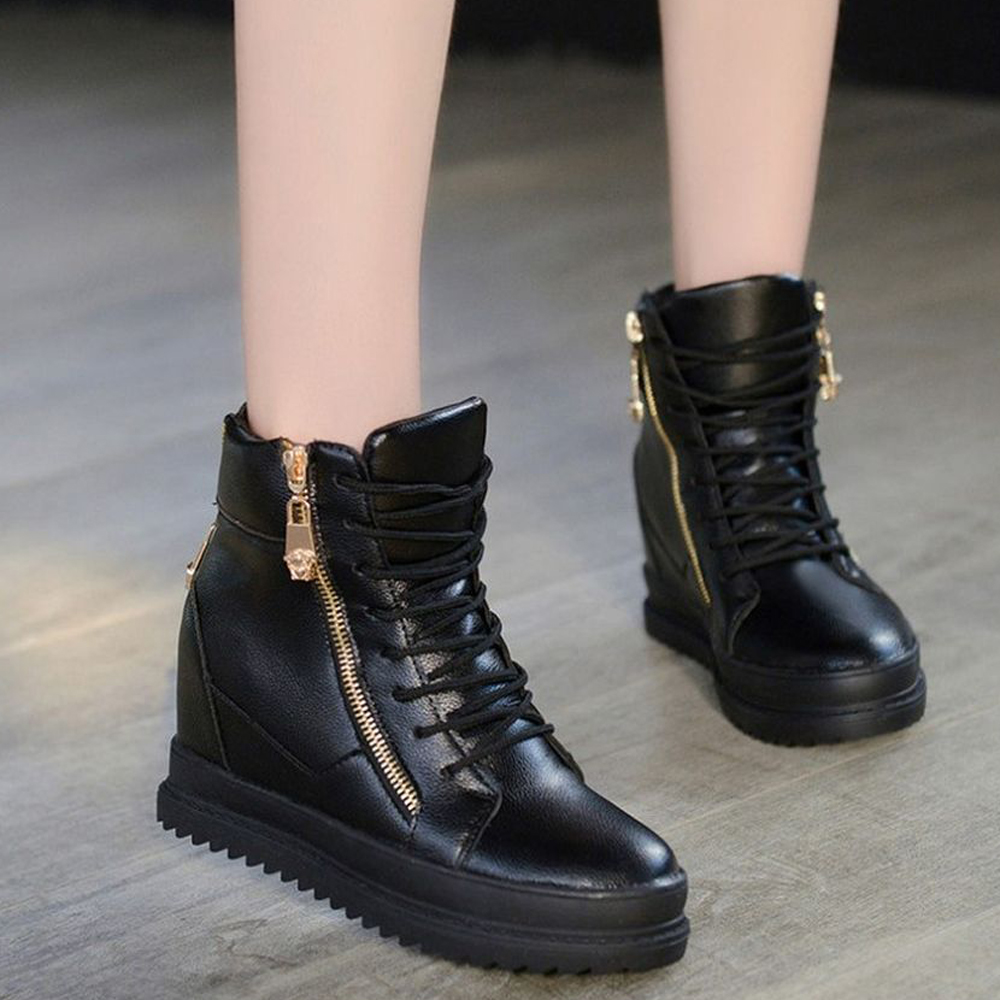 Lady's High Help Flat Boots Invisible Plus High Platform Side Zipper Mid Knee Boots
