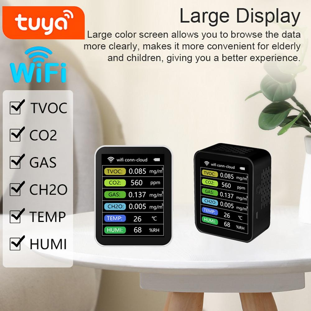 Tuya WiFi Portable Home Office Indoor Desktop Air Quality Detector 6 In 1 Multifunctional Detector TVOC CO2 Gases CH2O Temperature Humidity Detecting Intelligent Linkage Mobilephone APP Remotes Viewing