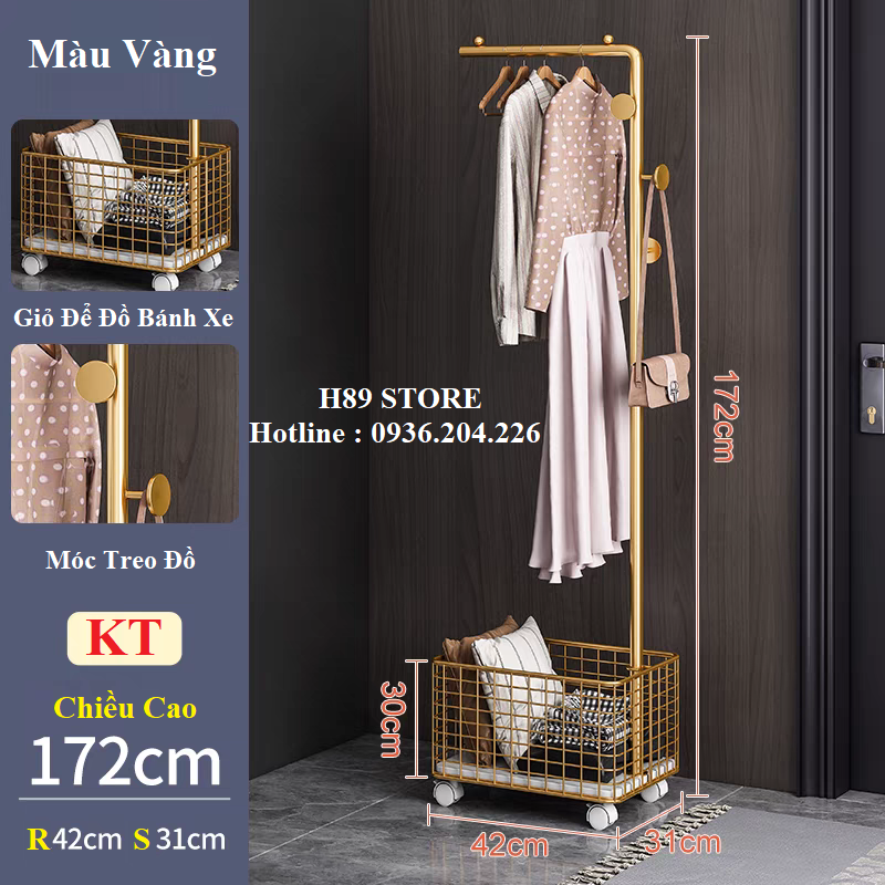 Cây treo quần áo kèm giỏ đựng đồ có bánh xe, cây treo đồ đẹp decor gia đình sang trọng cao 1m7 khung thép sơn tĩnh điện