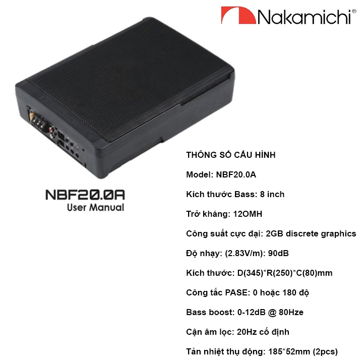 Bộ Loa SUB siêu trầm đặt gầm ghế xe ô tô, thương hiệu Nhật Bản cao cấp NAKAMICHI NBF20.0A - Kích thước Bass: 8 inch - HÀNG NHẬP KHẨU