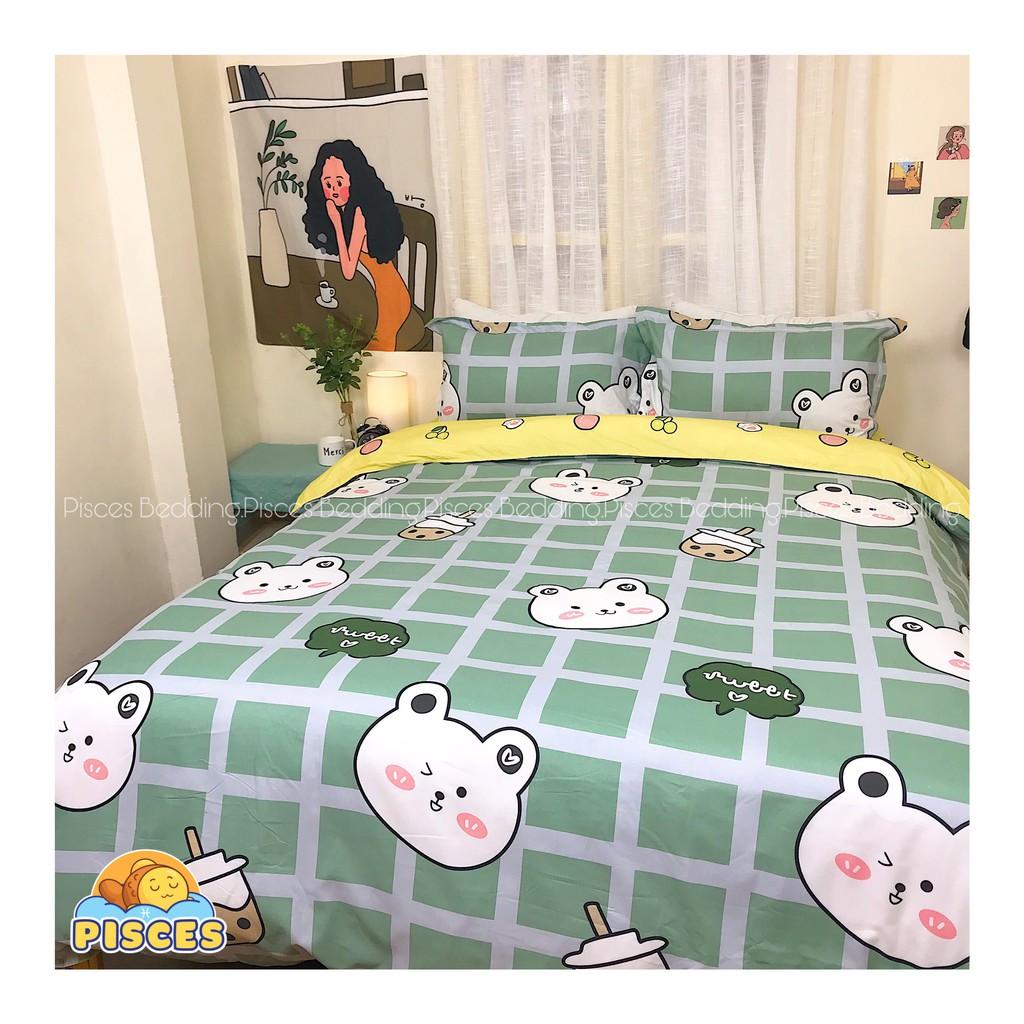 Bộ Chăn Ga Gối Cotton Poly Gấu Trắng Caro Xanh