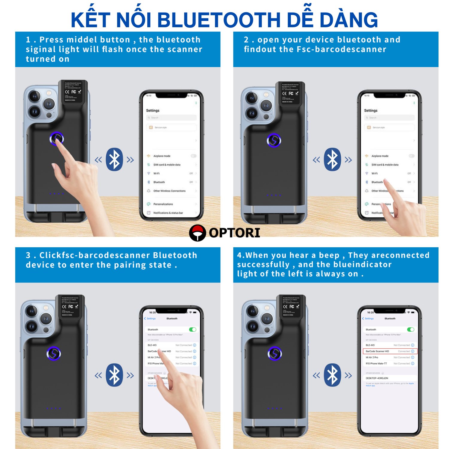 Máy quét mã vạch không dây – Máy quét mã vạch bluetooth – Clip Scanner OPTORI OPN4000 (hàng chính hãng)