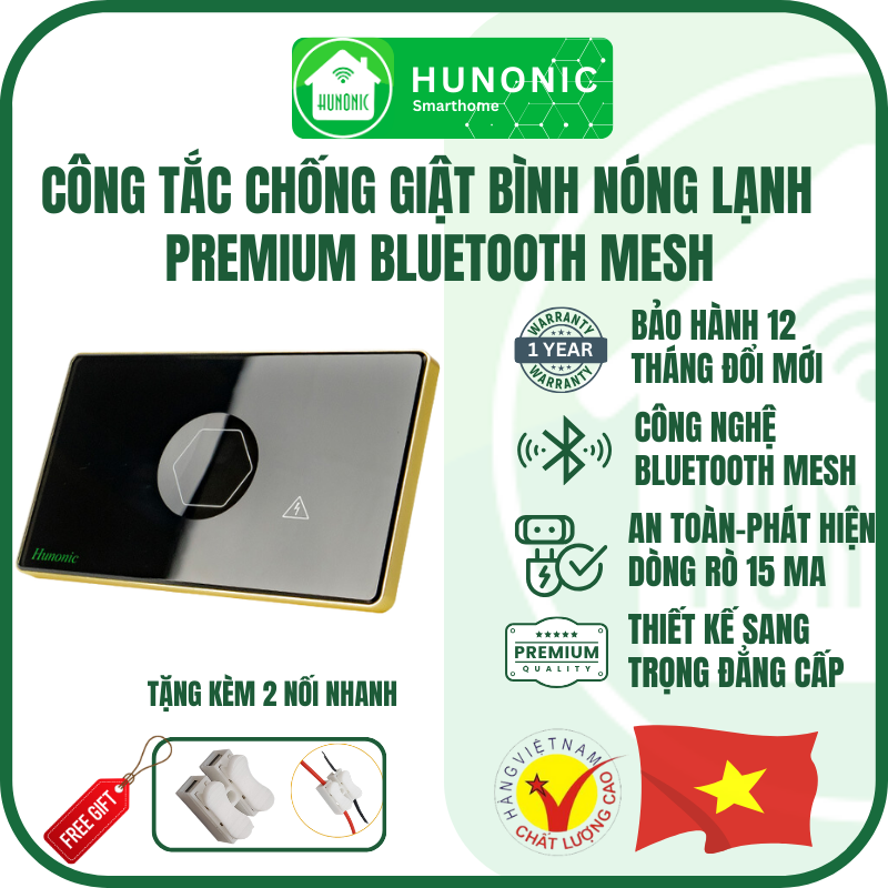 Công Tắc Chống Giật Bình Nóng Lạnh Thông Minh Premium Hình Chữ Nhật Viền Vàng