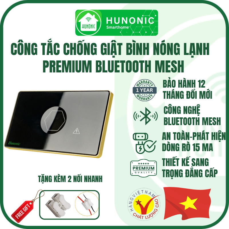 [Chống Giật] [ Công nghệ Bluetooth Mesh] Công Tắc Chống Giật Bình Nóng Lạnh Thông Minh Premium Hình Chữ Nhật Viền Vàng