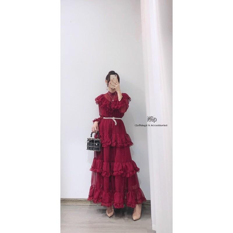 Váy maxi tơ bèo tầng kèm đai ngọc