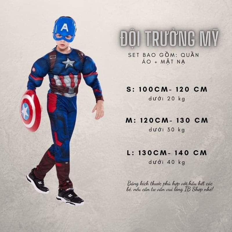 Trang Phục Đội Trưởng Mỹ Captain America Dành Cho Trẻ Em Kèm Mặt Nạ